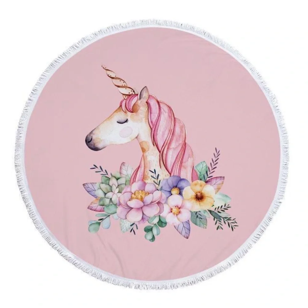 NWOT Unicorn Floral 60” Round Circle Beach Picnic Table Blanket w/ Tassel Fringe